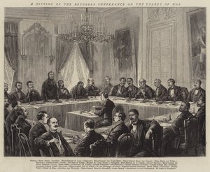 Een zitting van de Brusselse conferentie over de gebruiken van oorlog